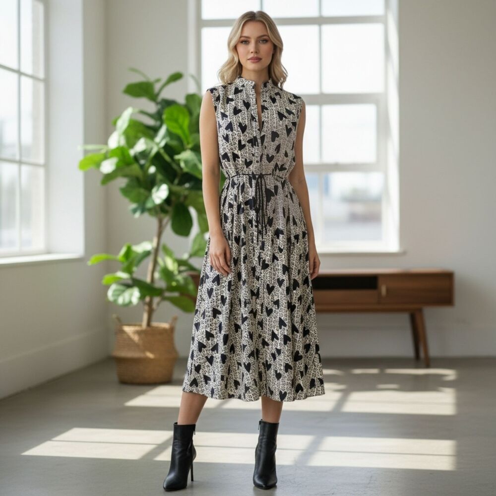 Parcelle Heart Print Sleeveless Midi Shirt Dress S Romantic Whimsigoth Coquette